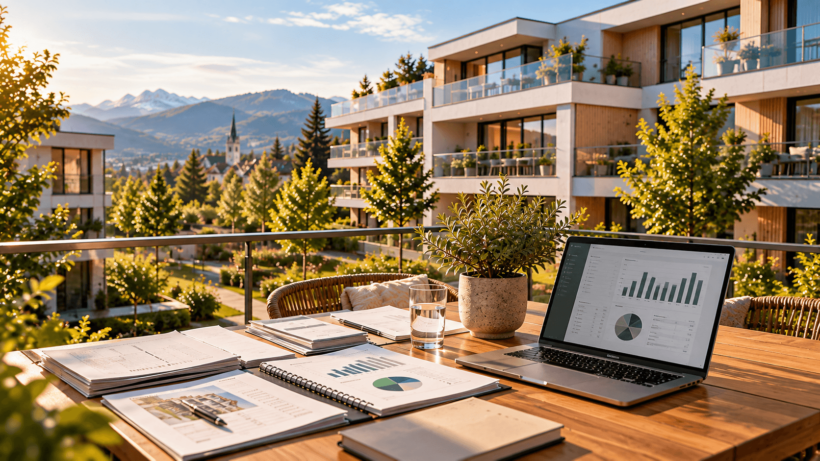 Tisch auf einer Terrasse mit Jahresrechnungen, Unterlagen und Laptop mit Kostenübersicht, dahinter eine Wohnüberbauung mit Stockwerkeigentum