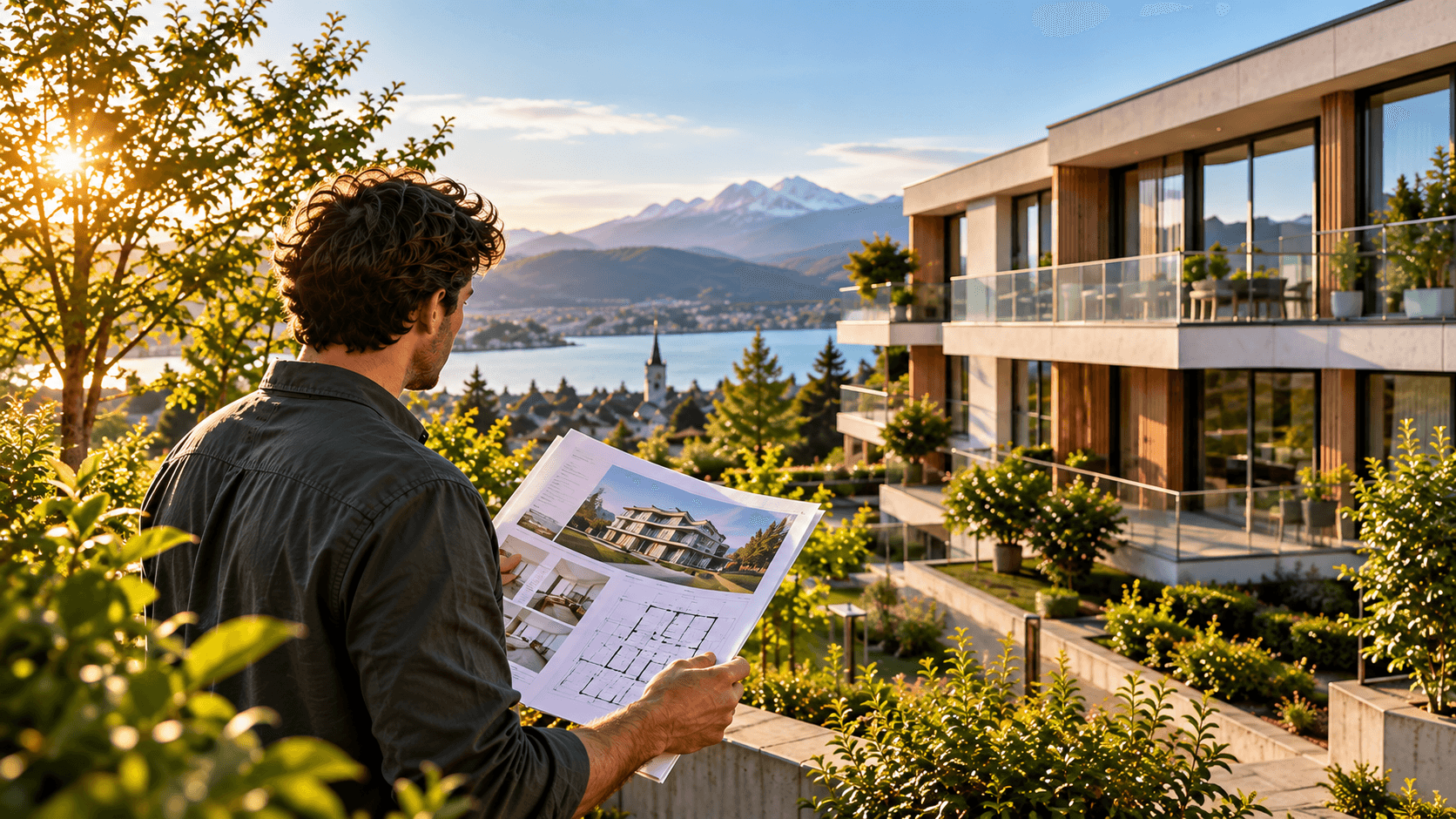 Person mit ausgedruckten Verkaufsunterlagen und Grundriss vor einem modernen Mehrfamilienhaus, im Hintergrund ein See und die Alpen