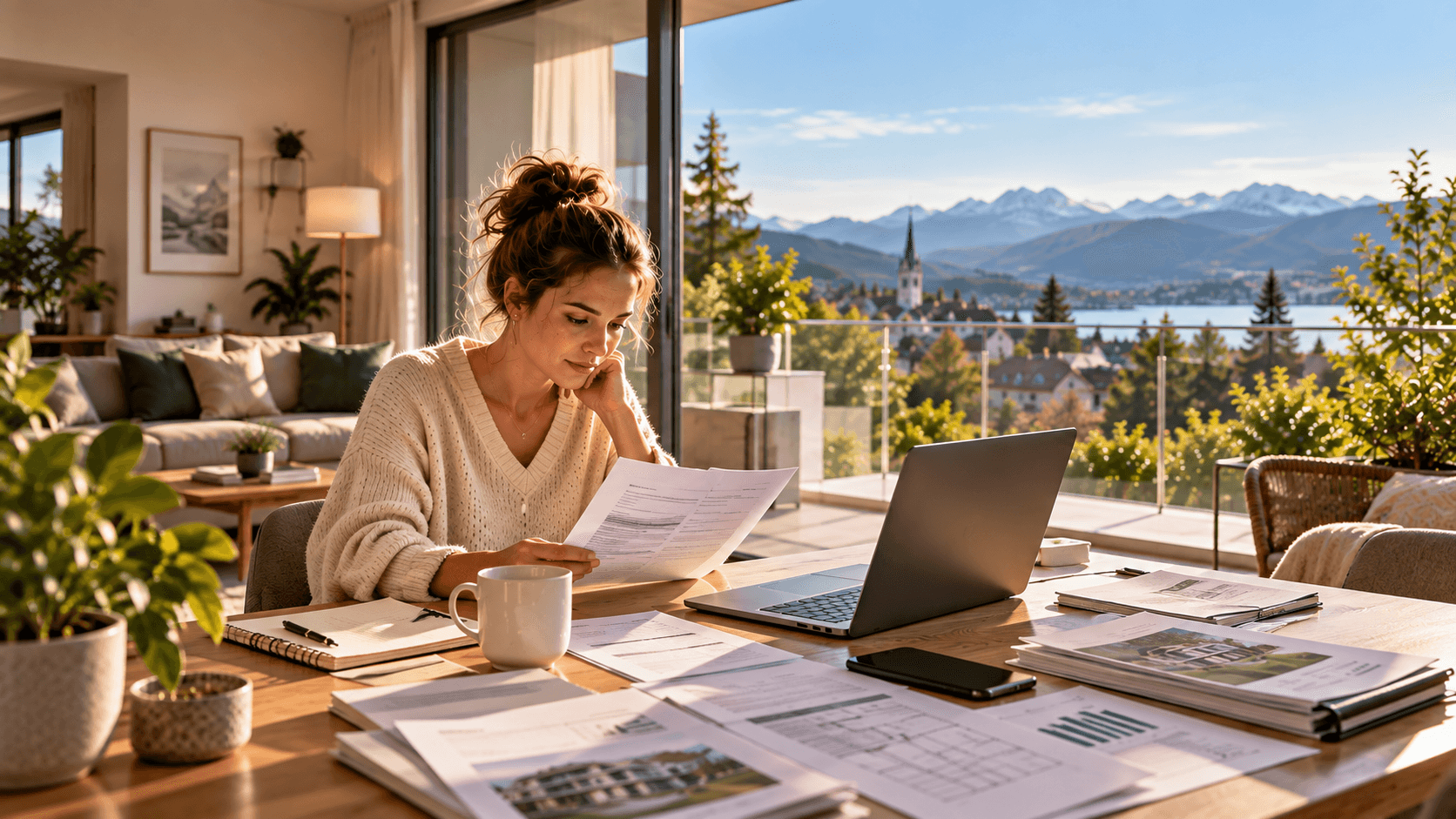 Person liest am Wohnzimmertisch ein Schreiben, daneben Laptop und Mietunterlagen, im Hintergrund Balkon mit Blick auf See und Berge