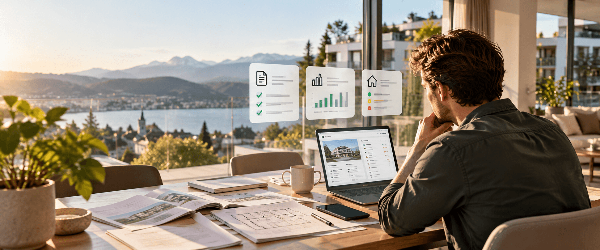 Person am Esstisch mit Laptop, Grundrissen und Immobilienunterlagen, im Hintergrund Wohnhäuser, ein See und die Alpen